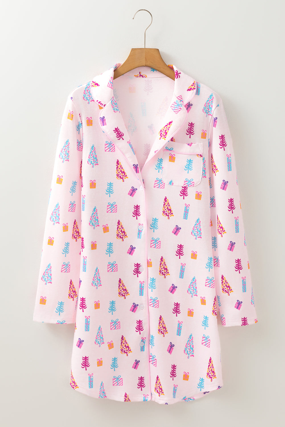 Pink Christmas Twinkle Tree Print Shirt Sleep Dress - Snoopy's Closet