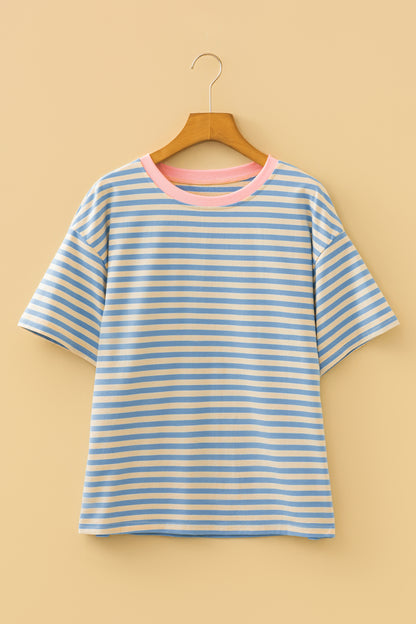 Sky Blue Stripe Contrast Crew Neck Drop Shoulder Loose Tee - Snoopy's Closet