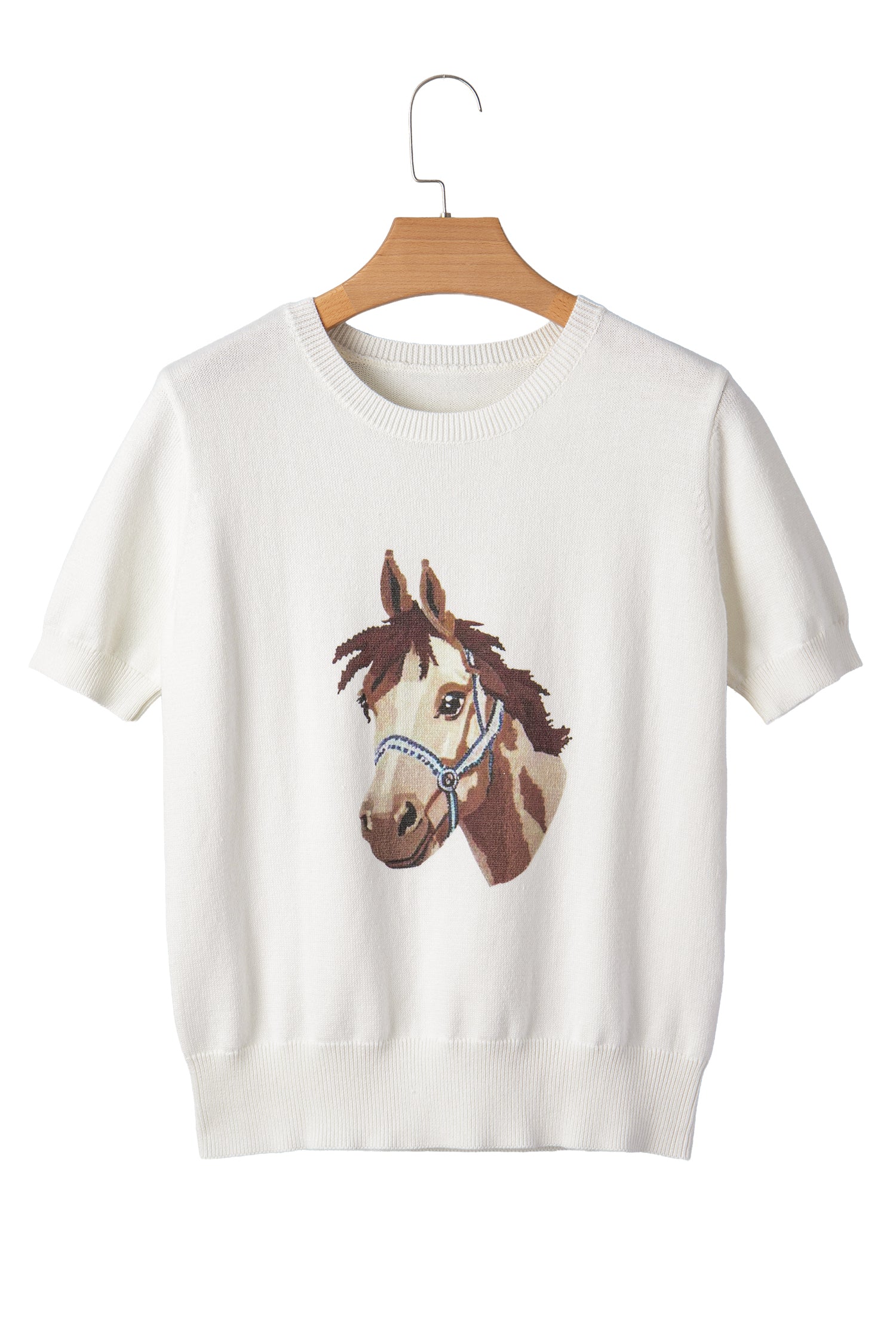 White Wild West Horse Head Printed Short Sleeve Sweater - Snoopy's Closet