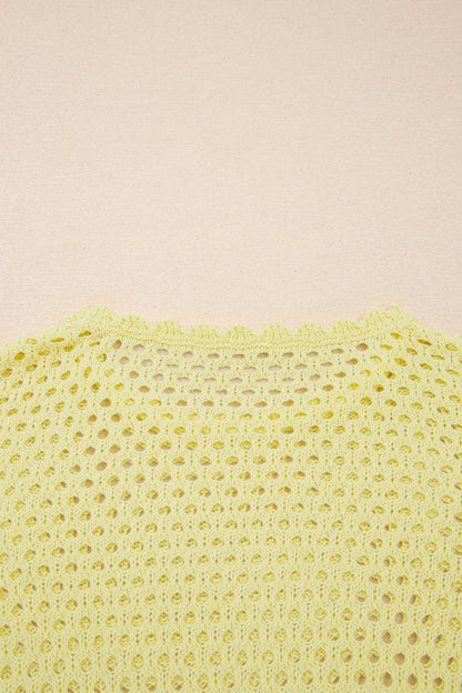 Blusa de punto calada de manga larga amarilla con ribete festoneado