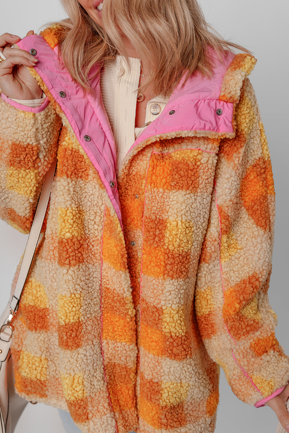 Orange Checkered Sherpa Hooded Jacket - Snoopy's Closet