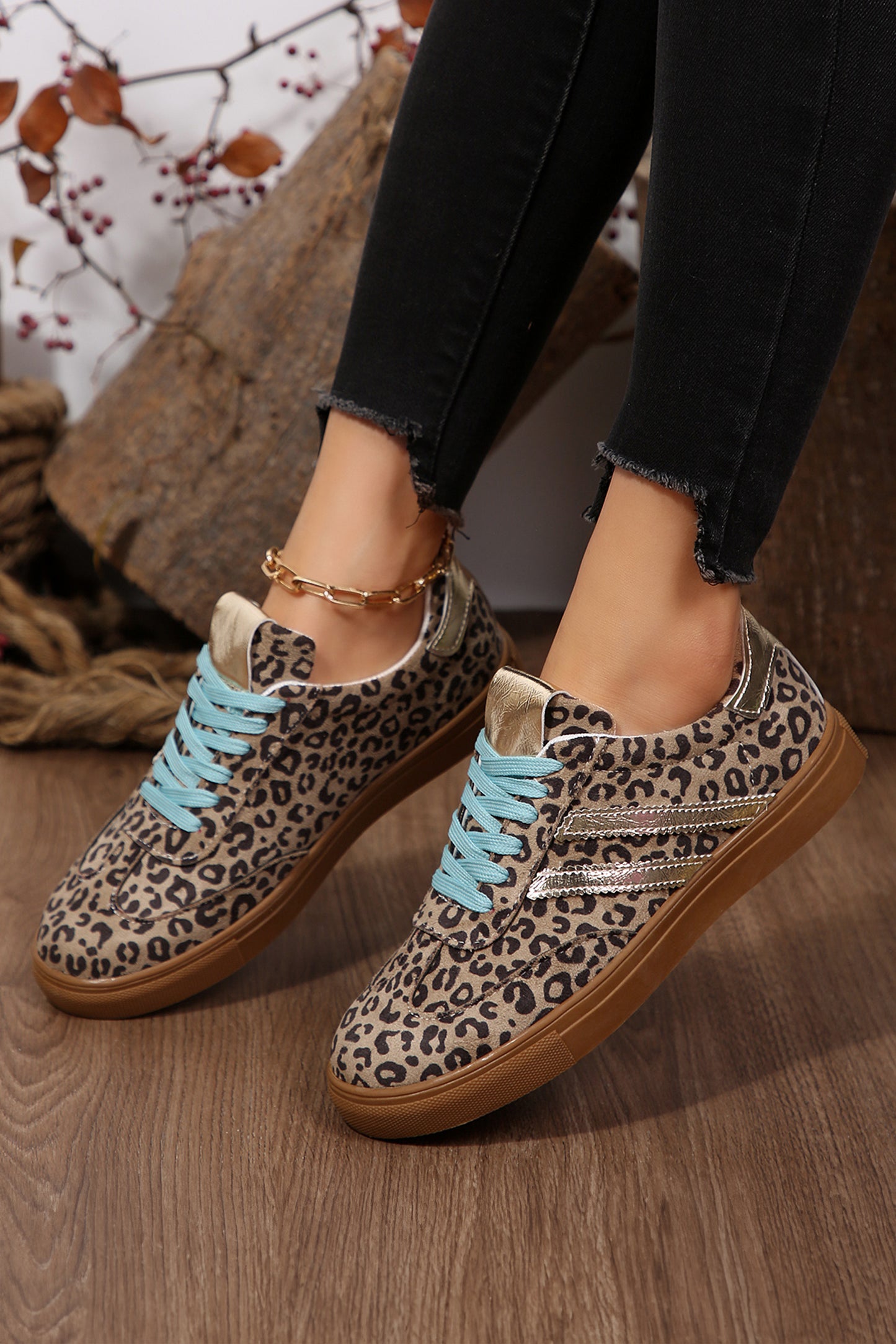 Coffee Faux Suede Leopard Print Sleek PU Leather Detail Lace Up Sneakers - Snoopy's Closet