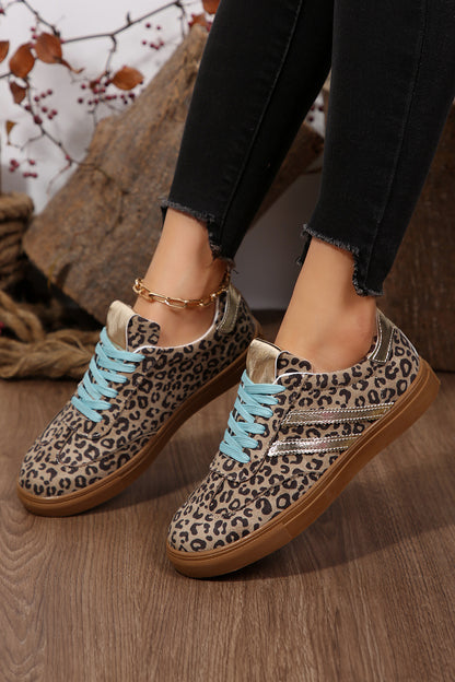 Coffee Faux Suede Leopard Print Sleek PU Leather Detail Lace Up Sneakers - Snoopy's Closet