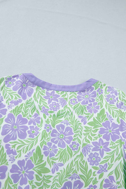 Sky Blue Floral Print Ruffled Color Block Trim Half Sleeve Blouse