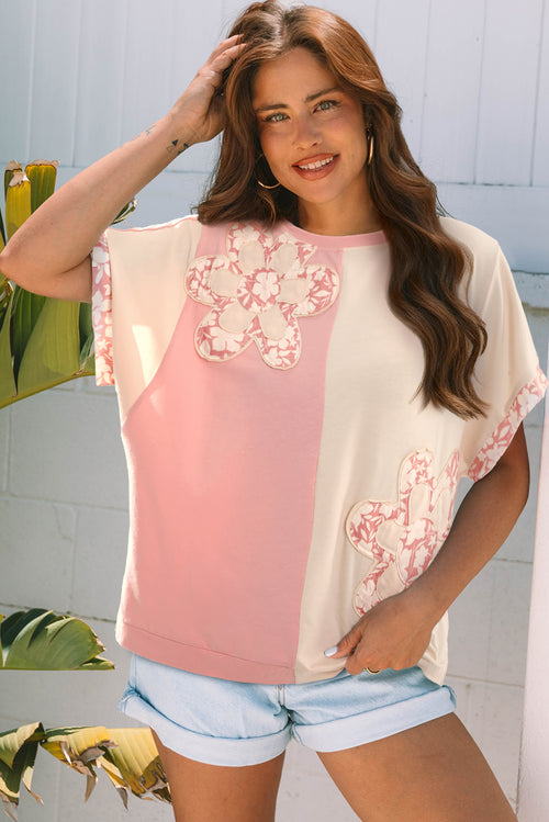 Apricot Color Block Flower Patched Loose T Shirt