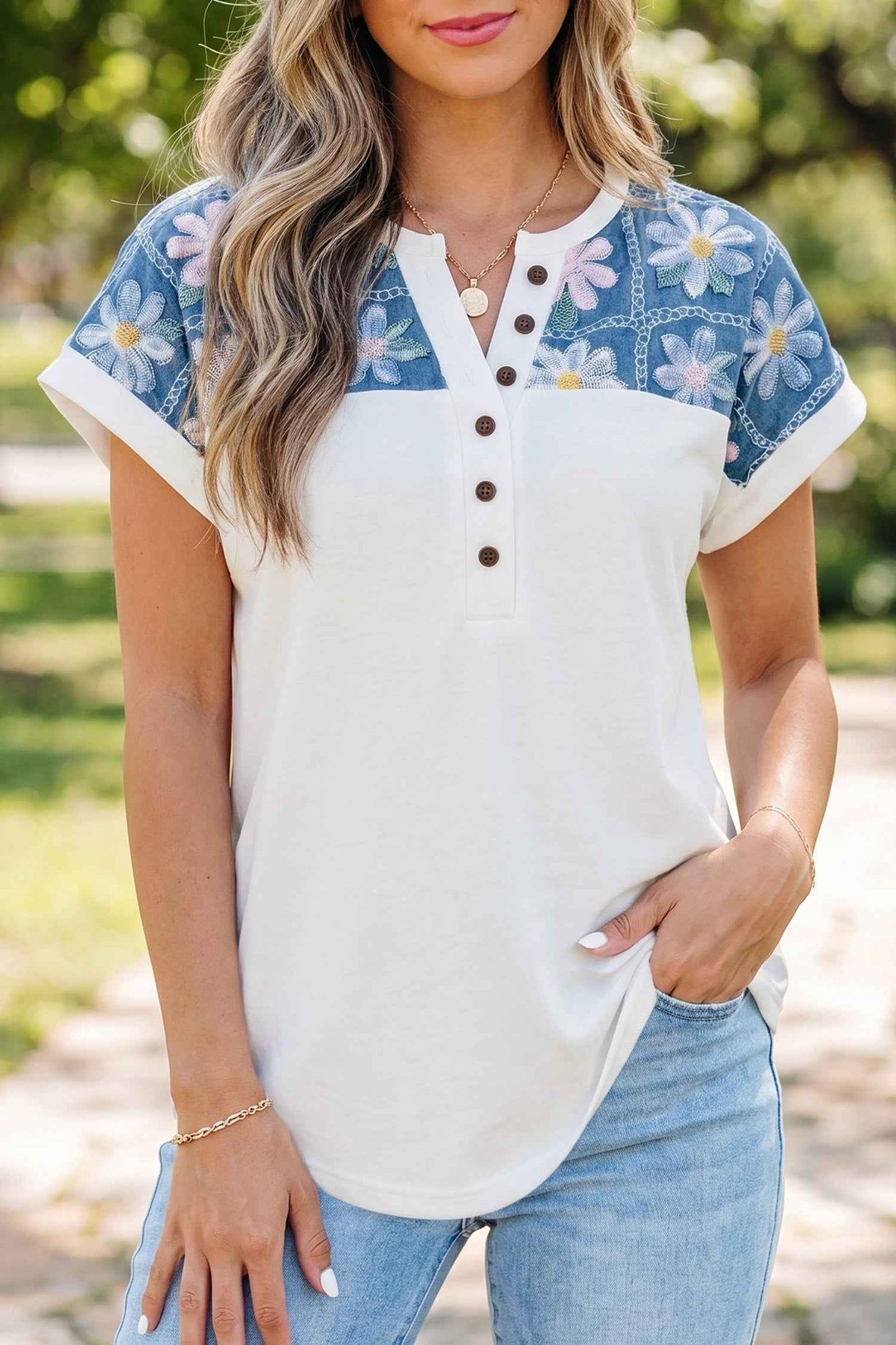 White Floral Patchwork Short Sleeve Viscose Blend Blouse