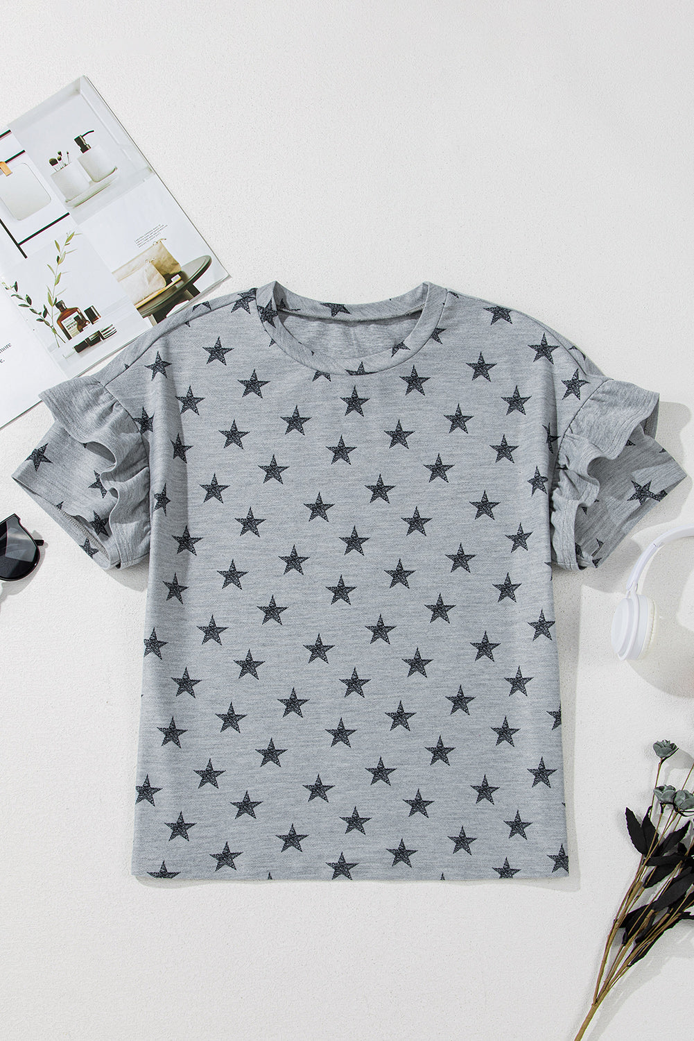 Gray Star Print Tiered Ruffled Sleeve Crew Neck T Shirt - Snoopy's Closet