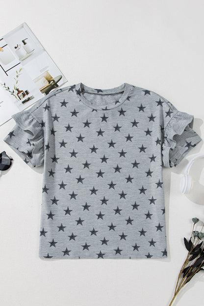 Gray Star Print Tiered Ruffled Sleeve Crew Neck T Shirt - Snoopy's Closet