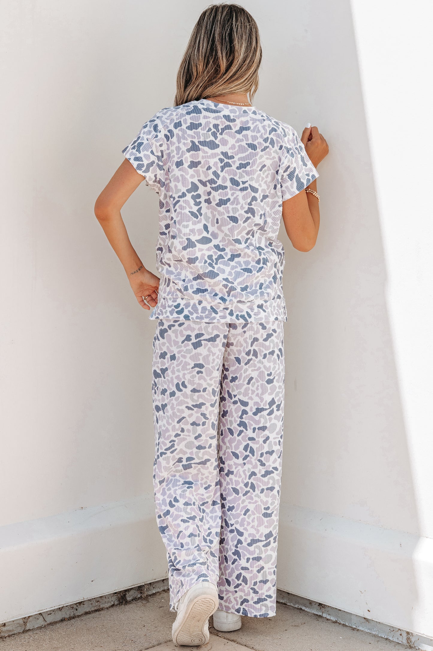 Beige Camouflage Print Twisted Rib Loose Tee Drawstring Pants Set - Snoopy's Closet