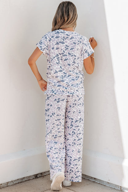 Beige Camouflage Print Twisted Rib Loose Tee Drawstring Pants Set - Snoopy's Closet