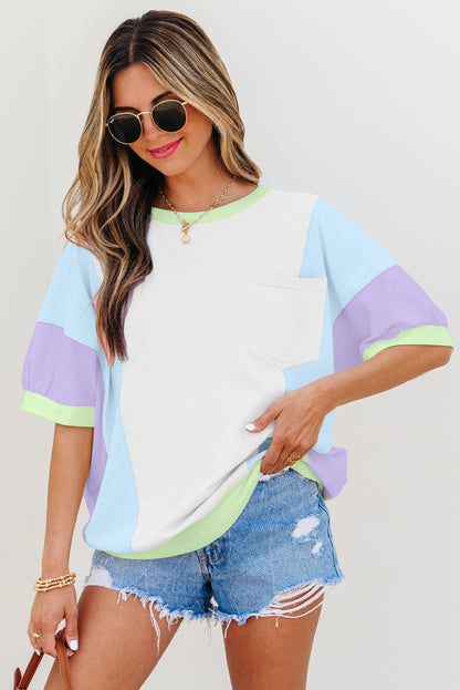 Purple Color Block Patchwork Half Sleeve Oversized T Shirt - Snoopy's Closet