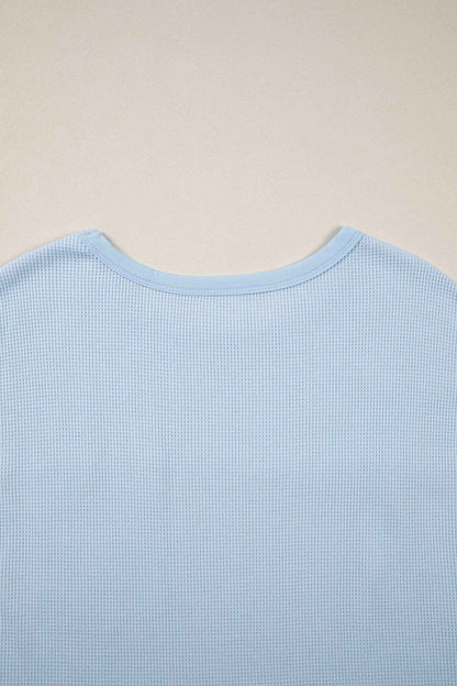 Pink Solid Color Raw Seam Waffled Patchwork Casual T Shirt