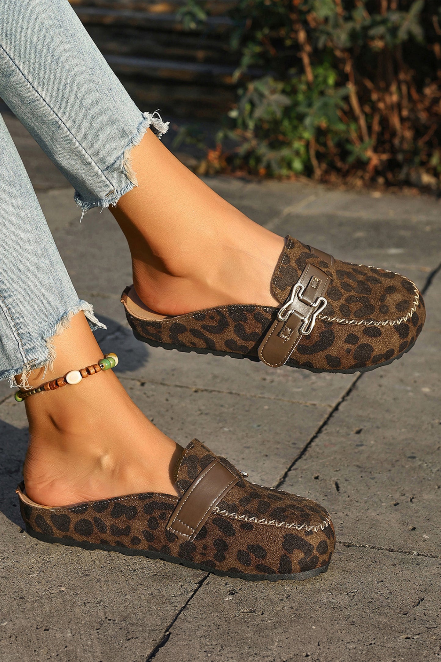 Coffee Faux Suede Cute Buckle PU Leather Strap Mule Slippers - Snoopy's Closet