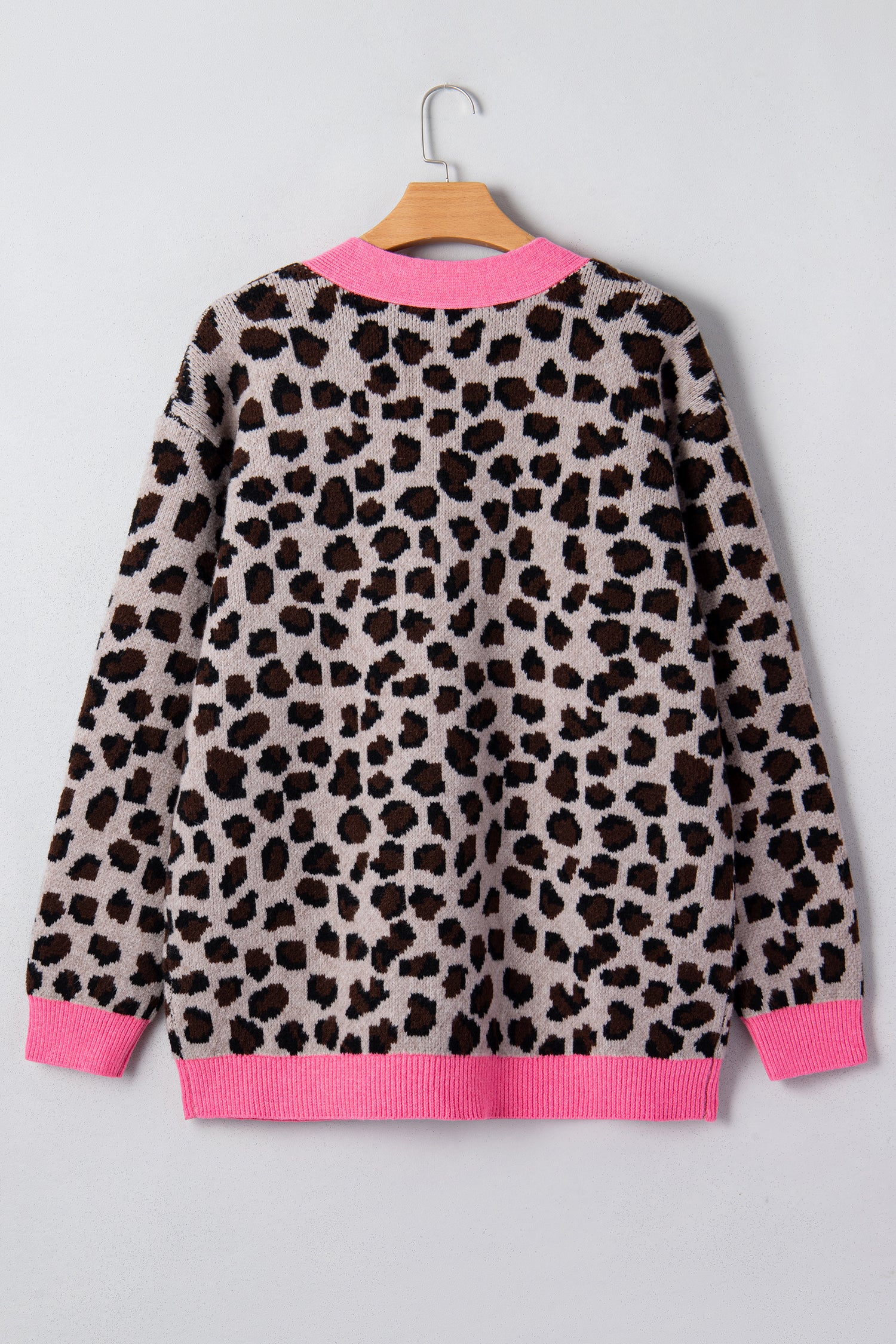 Khaki Oversize Color Block Trim Button Down Leopard Print Cardigan - Snoopy's Closet