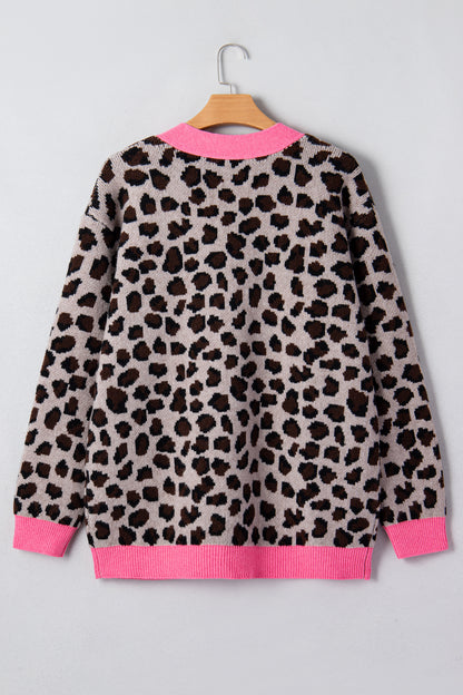 Khaki Oversize Color Block Trim Button Down Leopard Print Cardigan - Snoopy's Closet