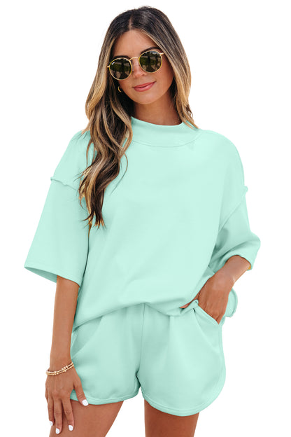 Moonlight Jade Solid Color Exposed Seam Mock Neck Oversize Tee Casual Shorts 2pcs Outfit - Snoopy's Closet