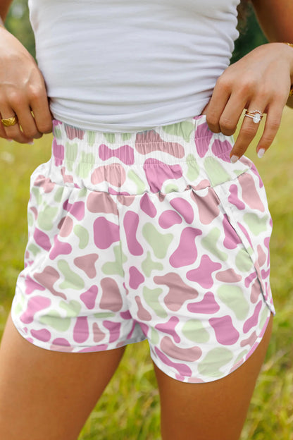 Green Camouflage Print Shirred High Waist Athleisure Shorts - Snoopy's Closet