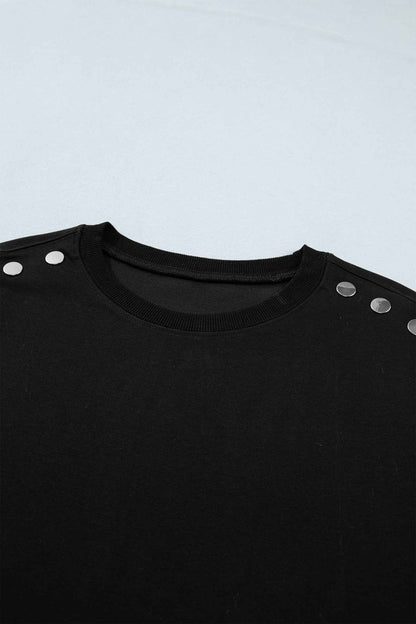 Black Casual Solid Short Sleeve Top with Metal Button Details Key Features