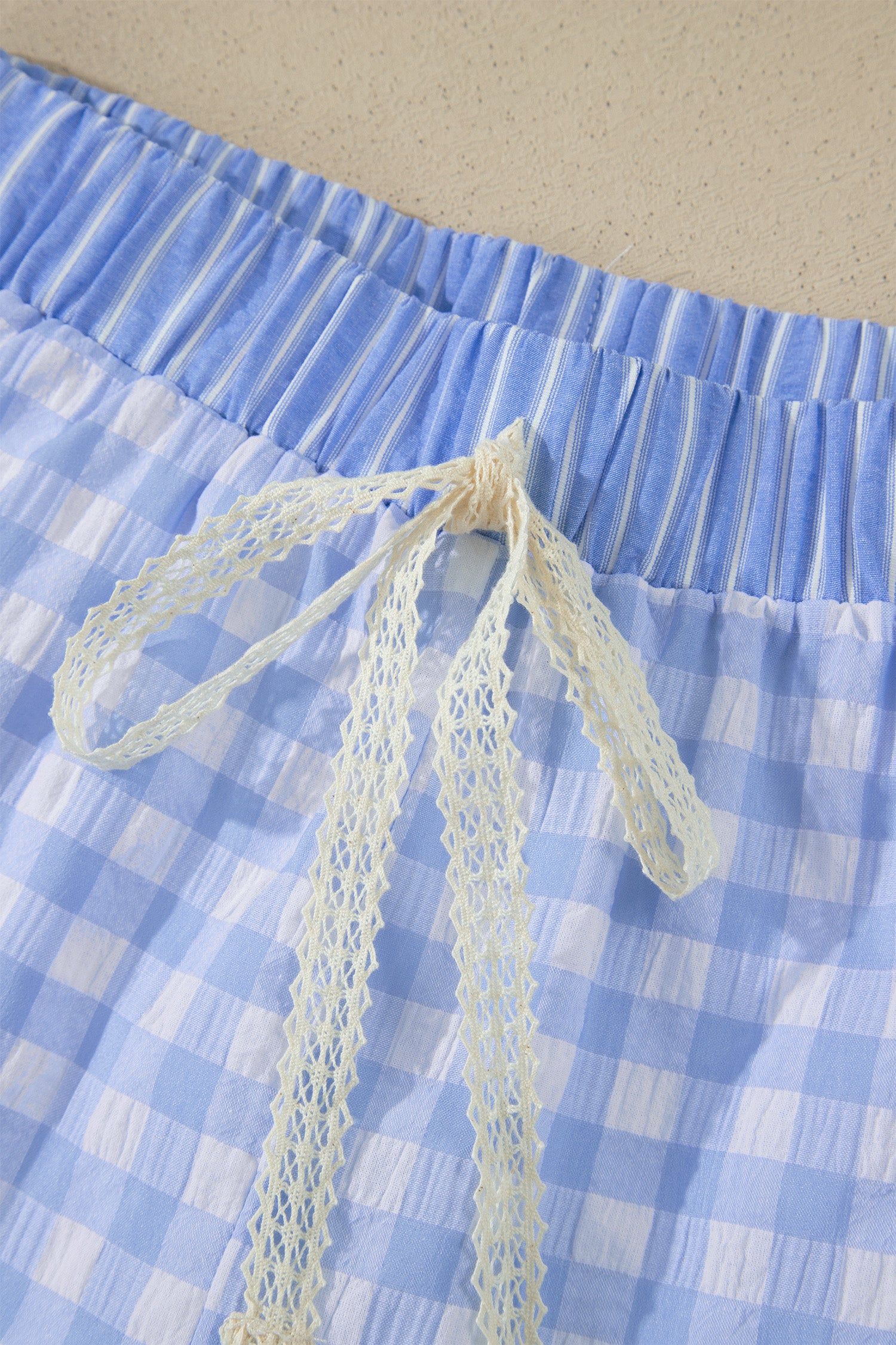 Red Gingham Print Ruffle Striped Detail Lace Tie Shorts - Snoopy's Closet