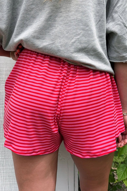 Rose Stripe Contrast Elastic Waist Casual Ribbed Shorts - Snoopy's Closet