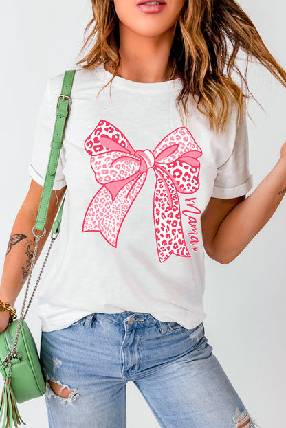 Camiseta de Moda para el Día de la Madre con Gráfico de Lazo y Leopardo Blanco