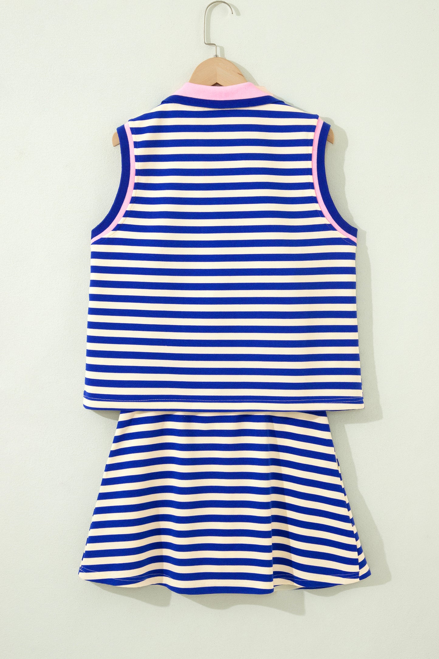 Dark Blue Textured Stripe Print Contrast Trim Zip Collar Sleeveless 2pcs Skort Set - Snoopy's Closet