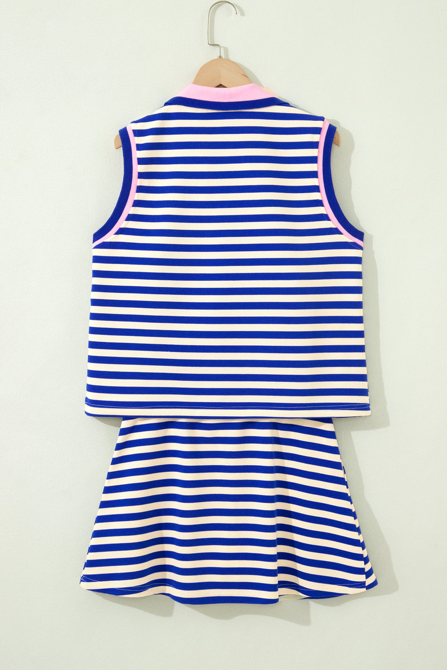 Dark Blue Textured Stripe Print Contrast Trim Zip Collar Sleeveless 2pcs Skort Set - Snoopy's Closet
