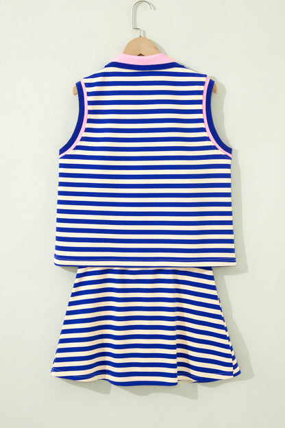 Dark Blue Textured Stripe Print Contrast Trim Zip Collar Sleeveless 2pcs Skort Set - Snoopy's Closet