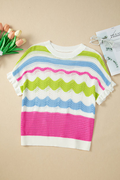 White Colorblock Crochet Knit Ruffled Short Sleeve Sweater Top - Snoopy's Closet
