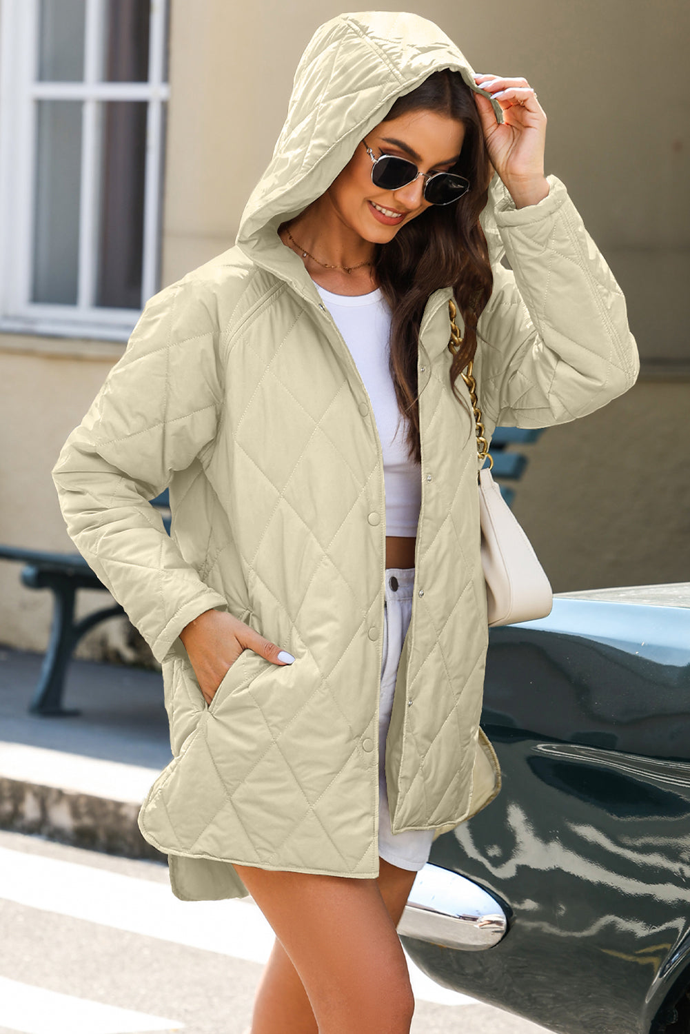 Beige Quilted Snap Button Hooded Coat - Snoopy's Closet