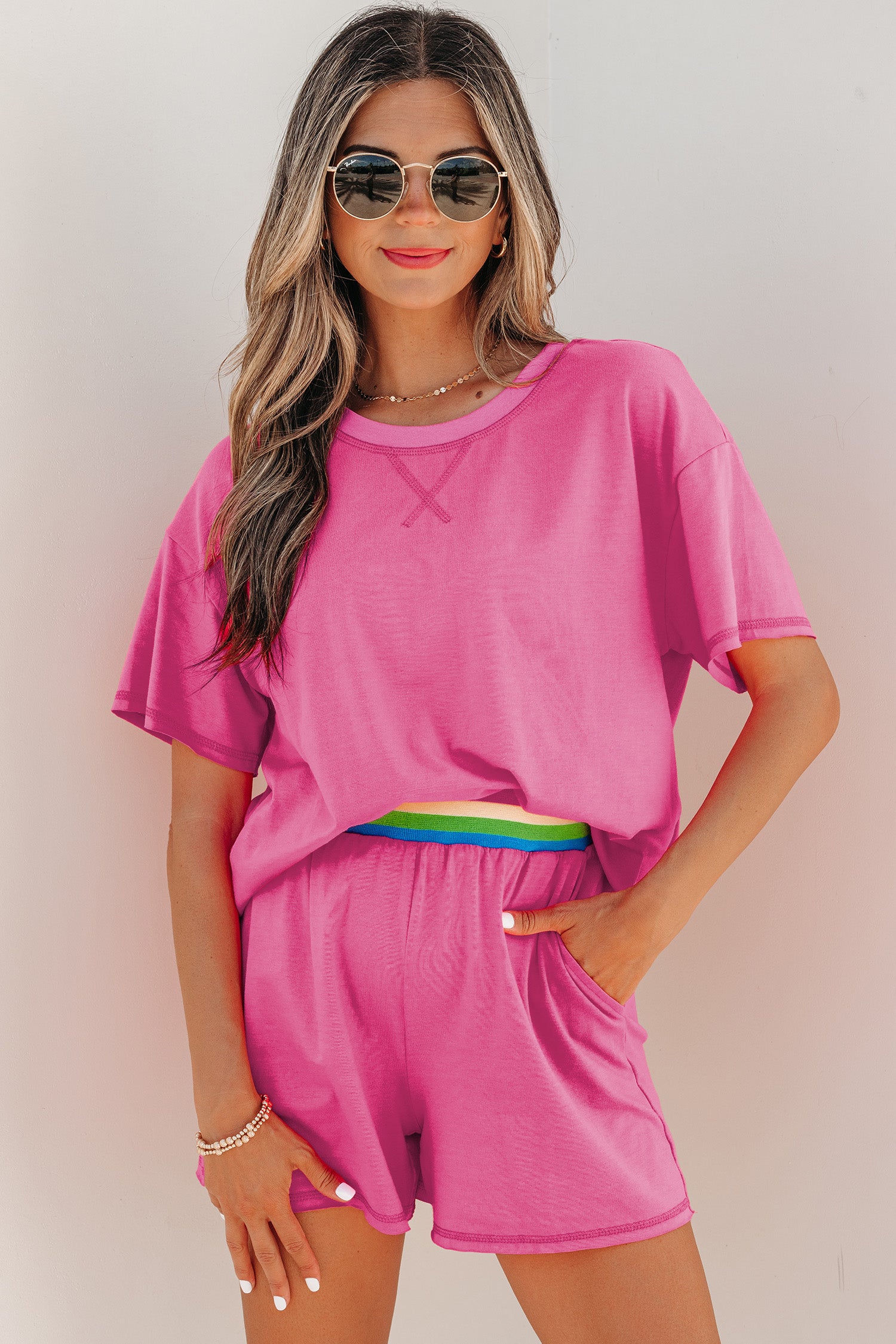 Bright Pink Seam Detail Raw Edge Tee Rainbow Waistband Casual Short Set - Snoopy's Closet