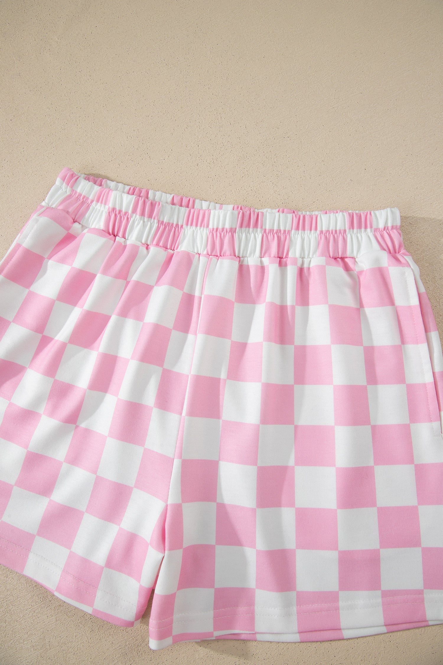 Pink Checkered Print Color Block Trim Mock Neck Short Set - Snoopy's Closet
