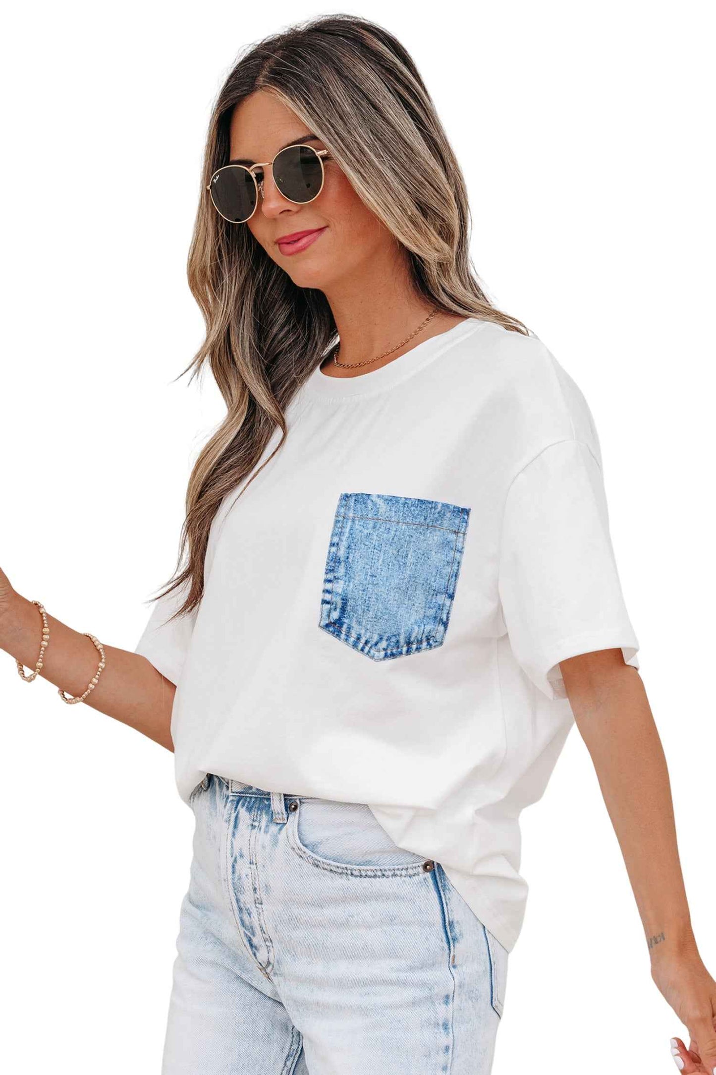 White Color Block Chest Pocket Patched Casual Short Sleeve Top