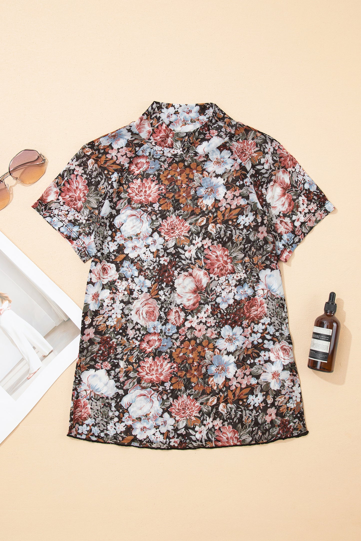 Brown Floral Print High Neck Short Sleeve Mesh Top - Snoopy's Closet