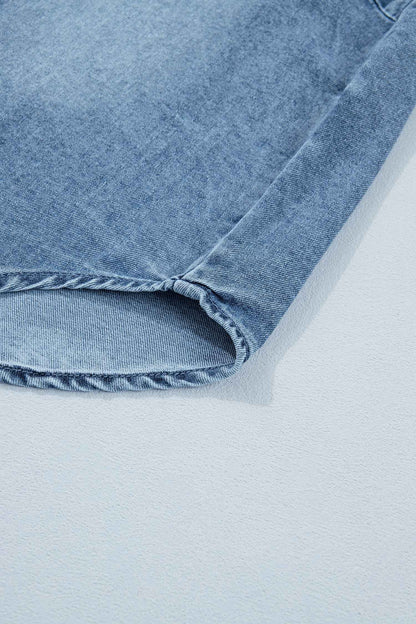 Beau Blue Frilled Short Sleeve Snap Button Denim Shirt
