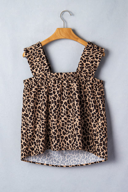 Brown Leopard Print Frilled Square Neck Tank Top - Snoopy's Closet