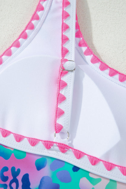 Pink Leopard Ricrac Trim Square Neck High Waist Bikinich - Snoopy's Closet
