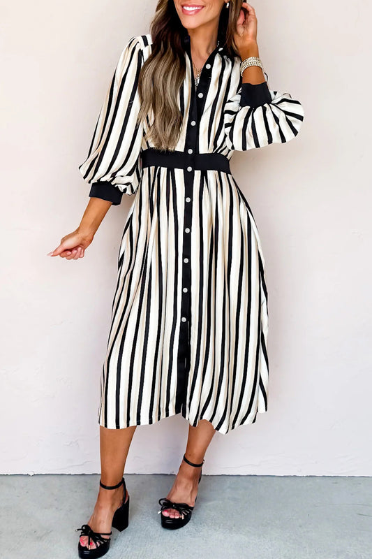 Vestido midi abotonado estilo camisa con mangas abullonadas 3/4 y rayas negras