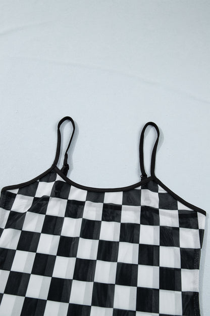 Camiseta sin mangas ajustada con tirantes finos y estampado a cuadros transparente en negro
