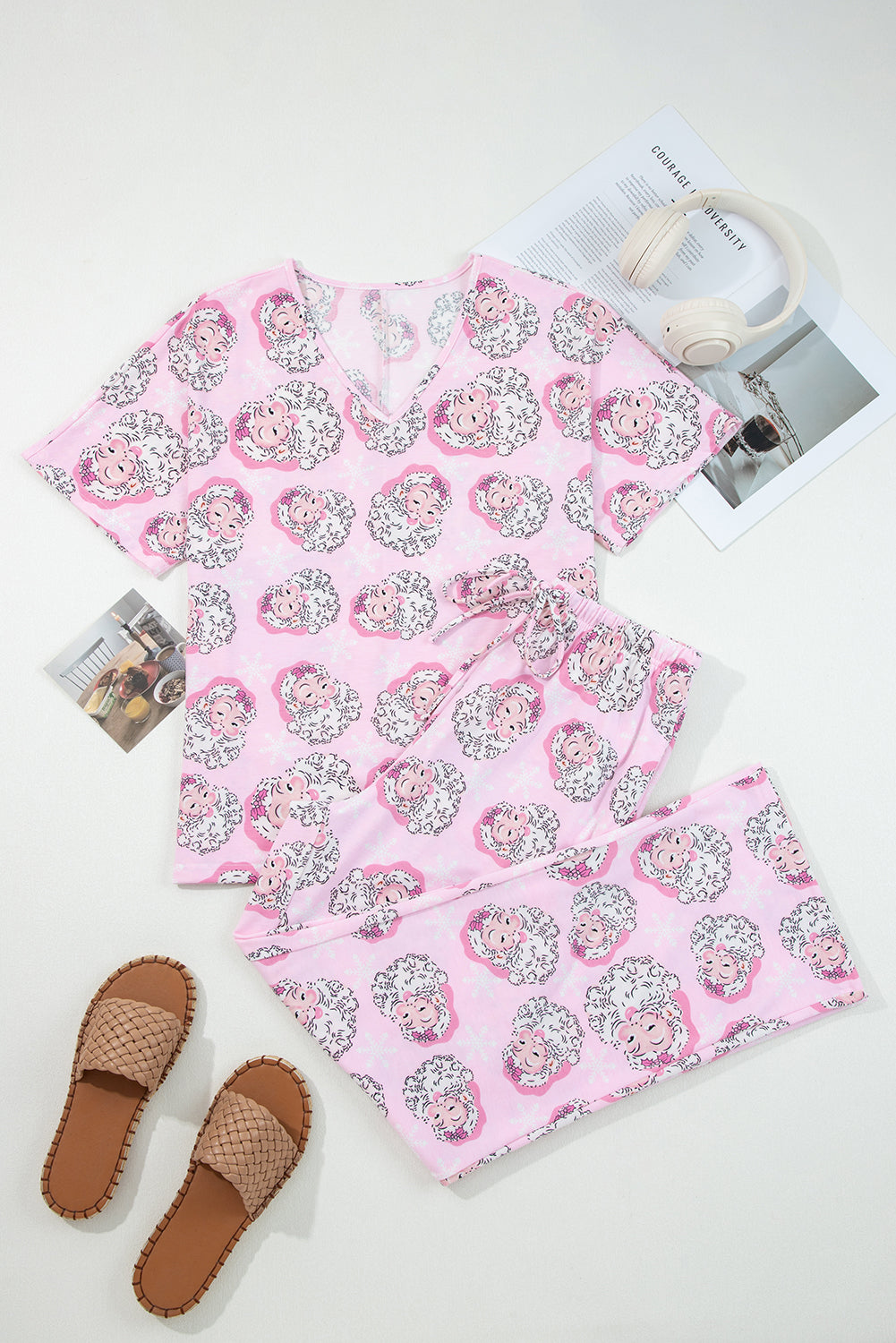 Pink Santa Claus Print V Neck Tee Drawstring Pants 2pcs Lounge Set - Snoopy's Closet