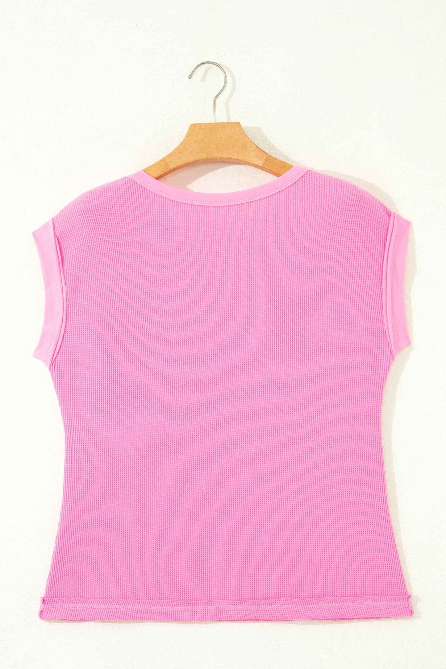 Pink Solid Color Raw Seam Waffled Patchwork Casual T Shirt