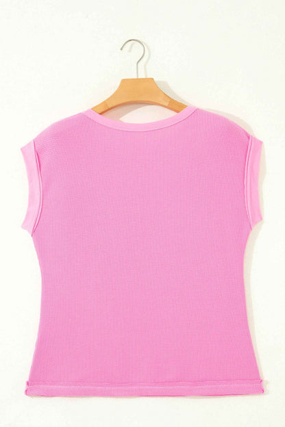 Pink Solid Color Raw Seam Waffled Patchwork Casual T Shirt