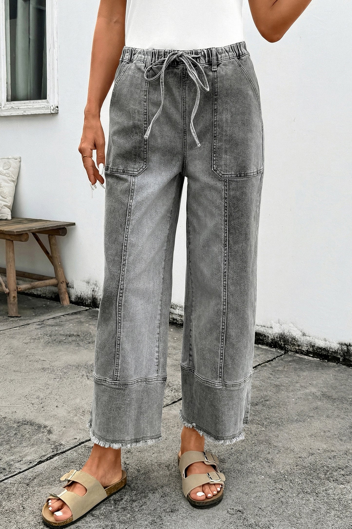 Pantalones Anchos Vaqueros Grises con Cordón, Detalle de Costura y Bajo Sin Rematar