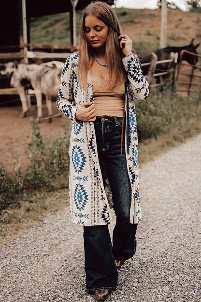 Sky Blue Western Aztec Printed Open Front Long Cardigan - Snoopy's Closet