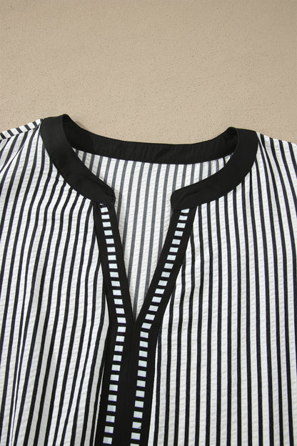 Black Stripe Plus Size Slit V Neck Tiered Flutter Sleeve Maxi Dress