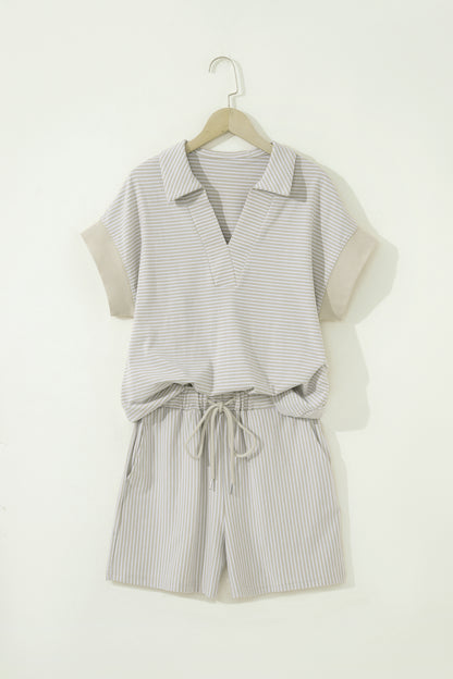 Pink Stripe Dolman Sleeve Polo Shirt and Drawstring Shorts Set - Snoopy's Closet