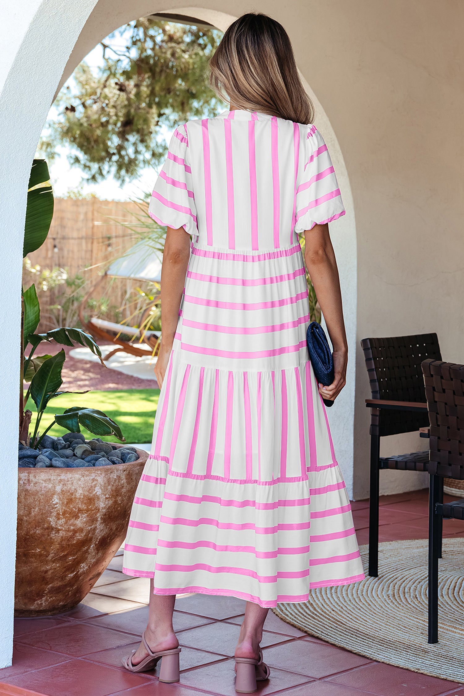 Pink Stripe Ricrac Trim Notched Neck Half Sleeve Vacation Dress - Snoopy's Closet