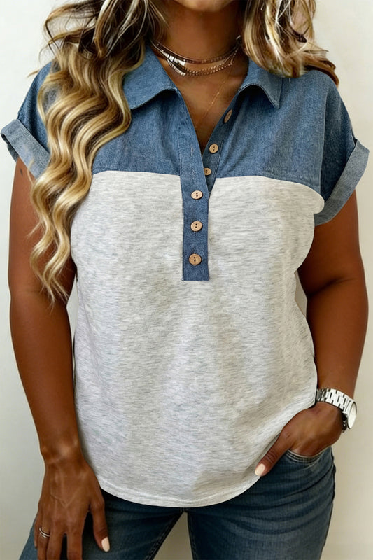 Light Grey Half Buttons Collared Denim Patchwork Plus Short Sleeve Top - Snoopy's Closet