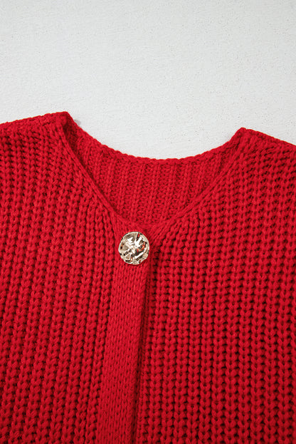 Chaleco de punto texturizado rojo fuego sólido con bolsillos laterales y botones