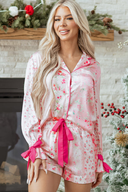 Pink Mixed Floral Print Contrast Piping Trim Satin Tie 2pcs Pajama Set - Snoopy's Closet
